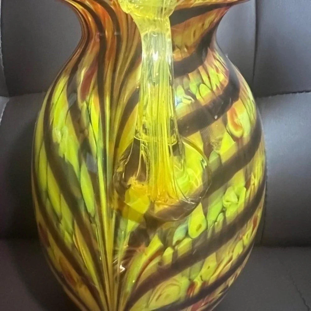Hand Blown Art Glass Vase Yellow Brown Pulled Feather Amphora Two Handle 10 inch